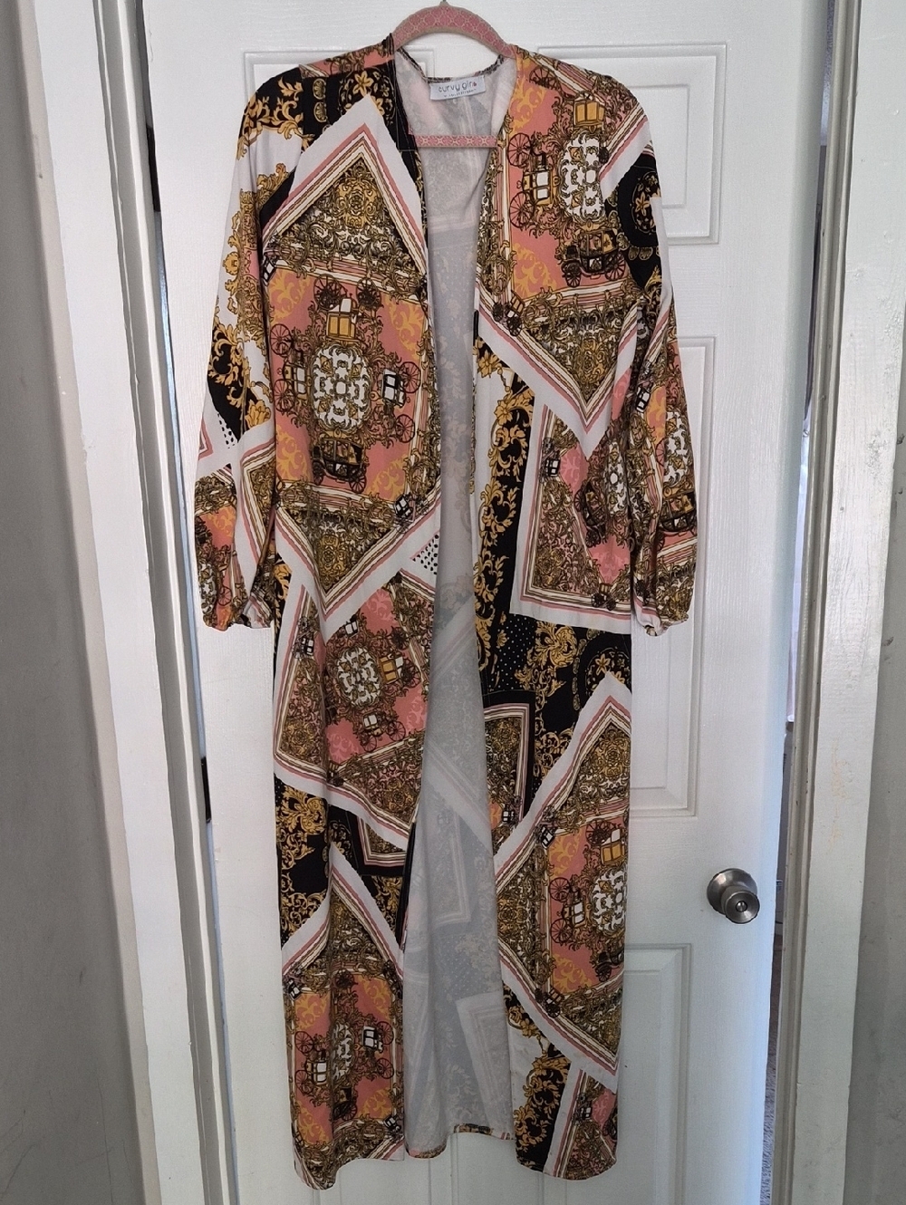Ashley Stewart Long Printed Cape Jacket in Pink, Black, Gold
